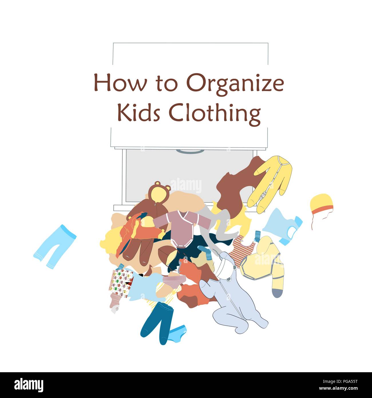 Aprire il cassetto e disordinati abbigliamento per bambini sul pavimento. Illustrazione Vettoriale circa vestiti organizzando. Preso un armadio Illustrazione Vettoriale