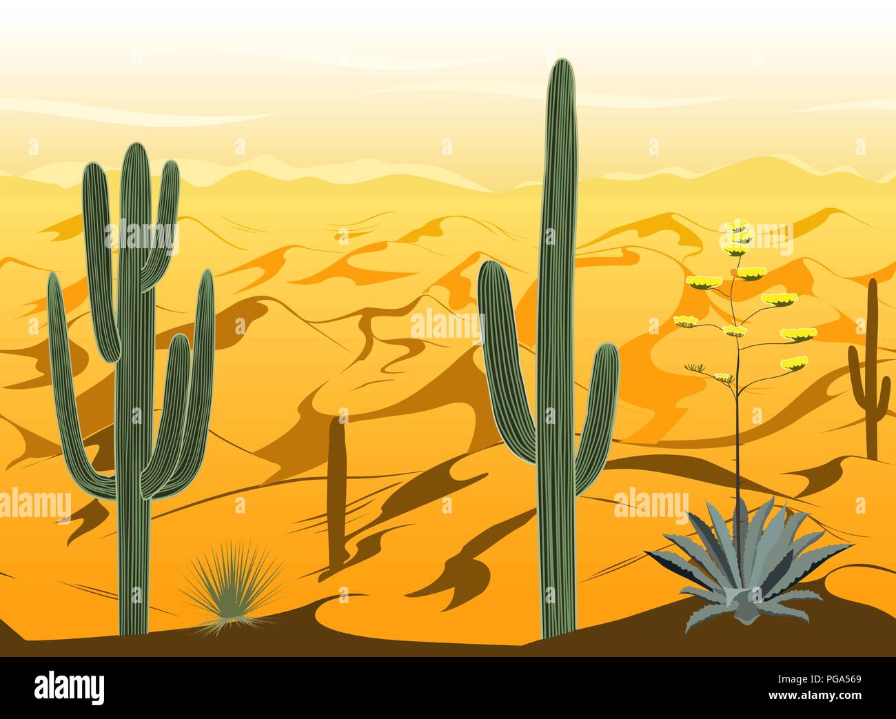 Modello senza soluzione di continuità con il paesaggio del deserto e cactus sagome nel vettore. Ficodindia, saguaro, agave blu e dune. Sfondo per giochi, animazione Illustrazione Vettoriale