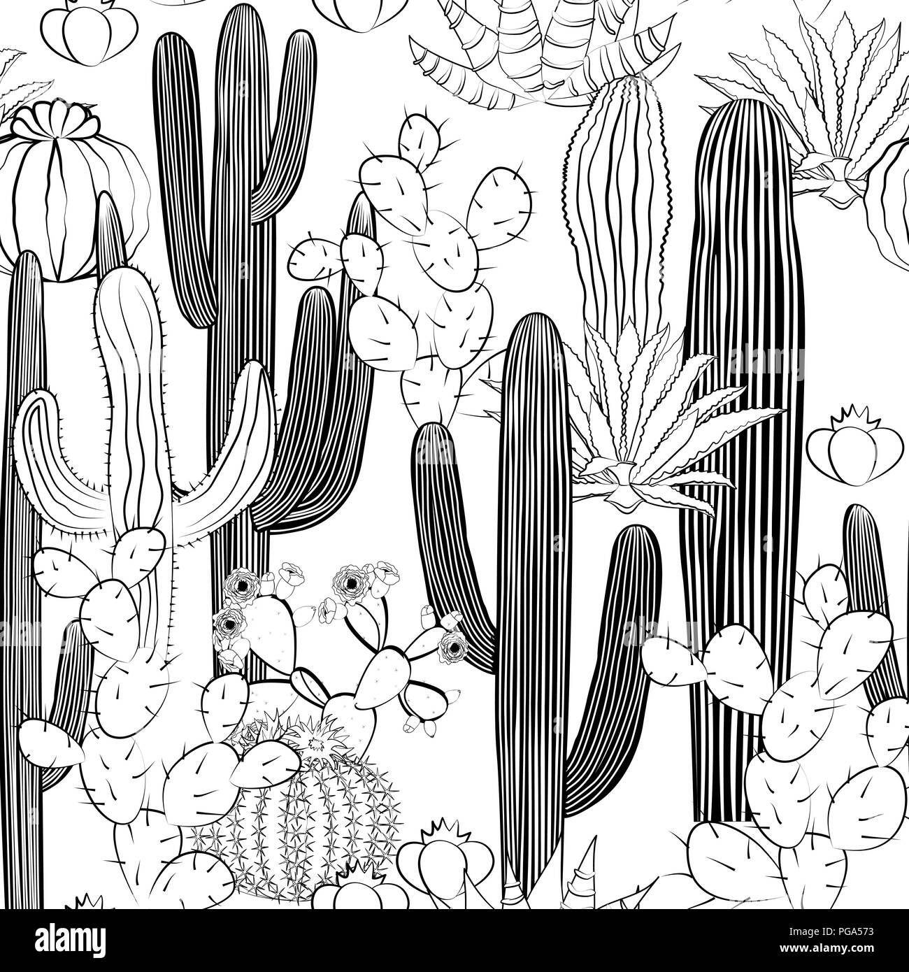 Modello senza cuciture con cactus. Selvaggia foresta di cactus. Illustrazione Vettoriale Illustrazione Vettoriale
