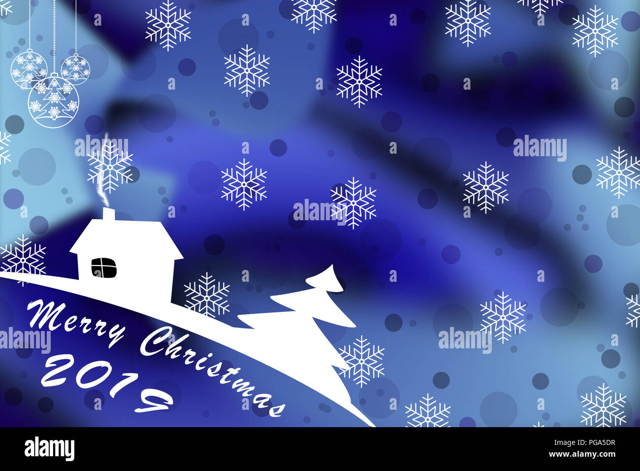 Illustrazione. Auguri di Natale 2019 modello su sfondo blu con le palle di Natale e fiocchi di neve Foto Stock