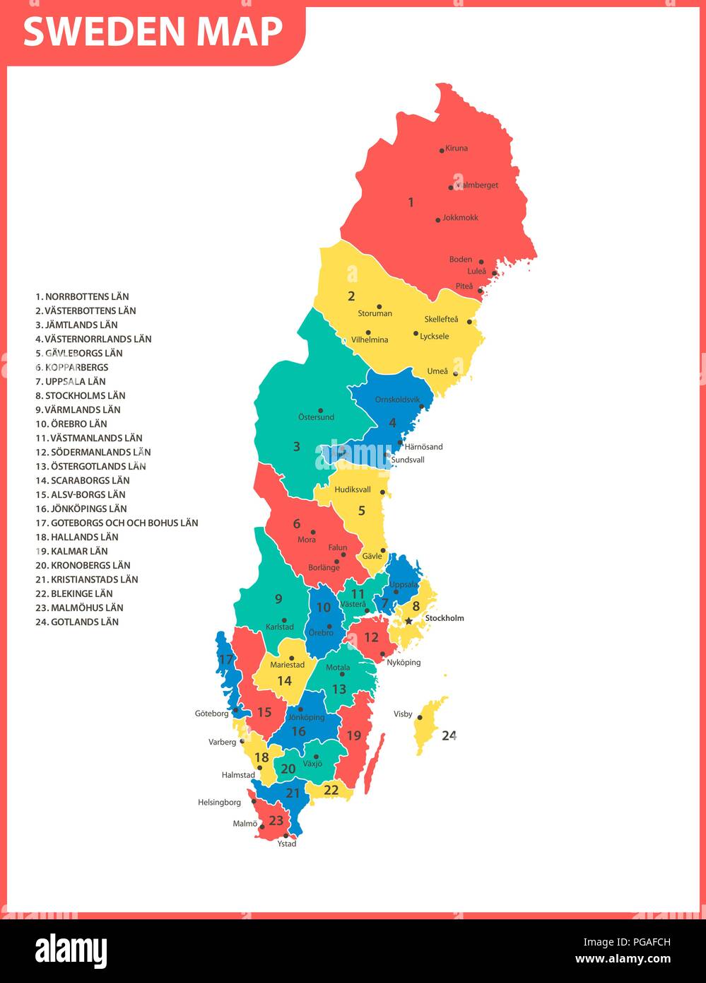 La mappa dettagliata della Svezia con le regioni o gli stati e le città capitali. Divisione amministrativa. Illustrazione Vettoriale