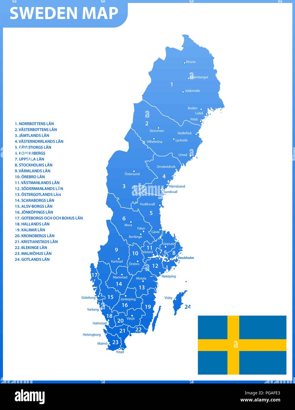 La mappa dettagliata della Svezia con le regioni o gli stati e le città capitali. Divisione amministrativa. Illustrazione Vettoriale