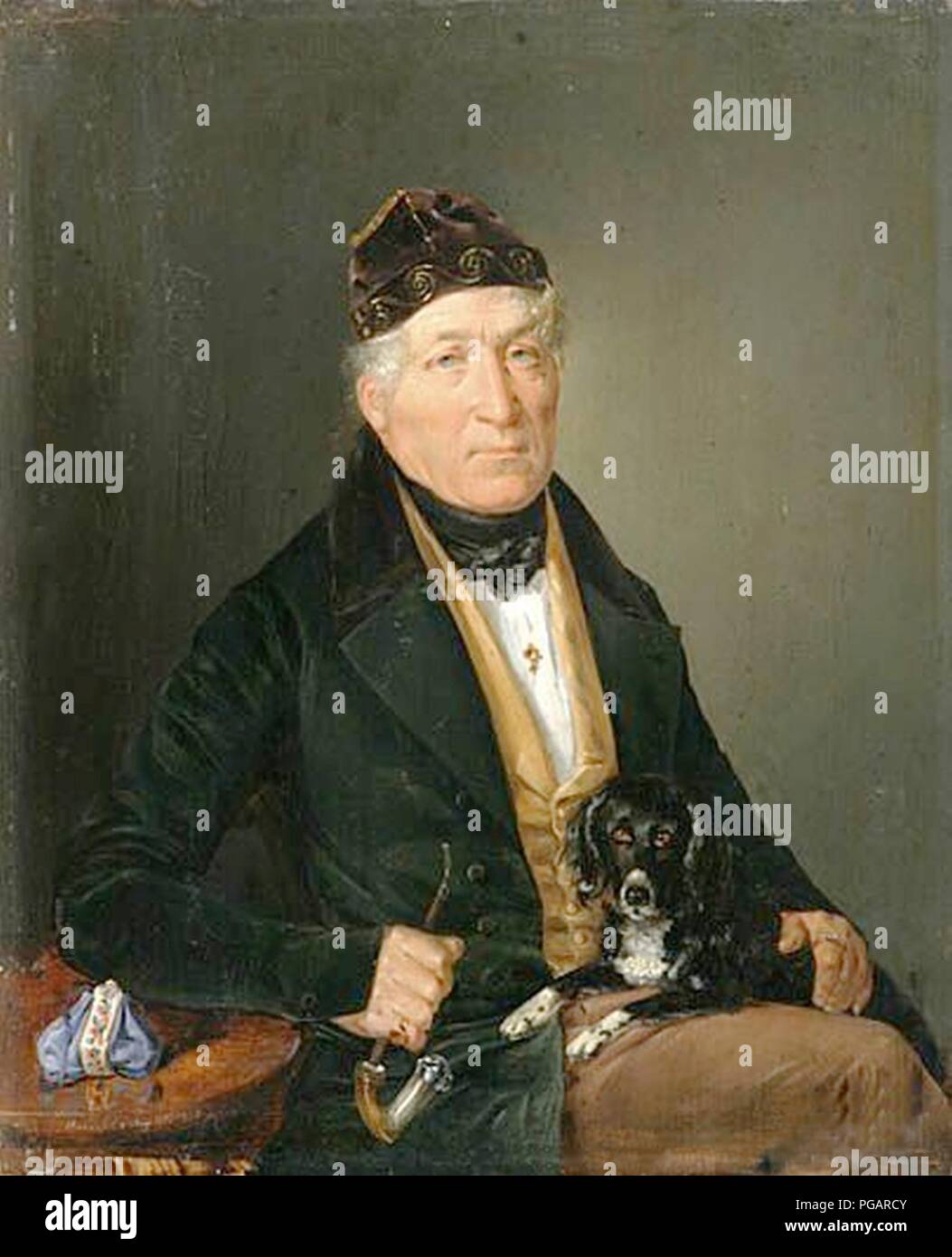 Agosto Heinrich Mansfeld - Männerporträt Mit einem Hund. Foto Stock