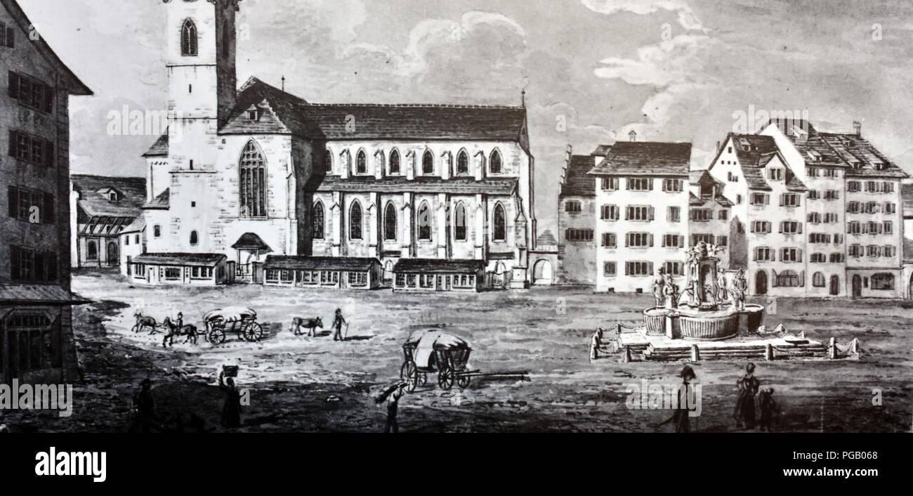 Münsterhof Ausstellung vom Markplatz zum Parkplatz zum Kulturplatz - Der Münsterhof mit dem 1811 abgebrochenen Neptun Brunnen, Emil Schulthess um 1835, il Kunsthaus Zürich Grafische Sammlung 2015-07-16 12-30-32. Foto Stock