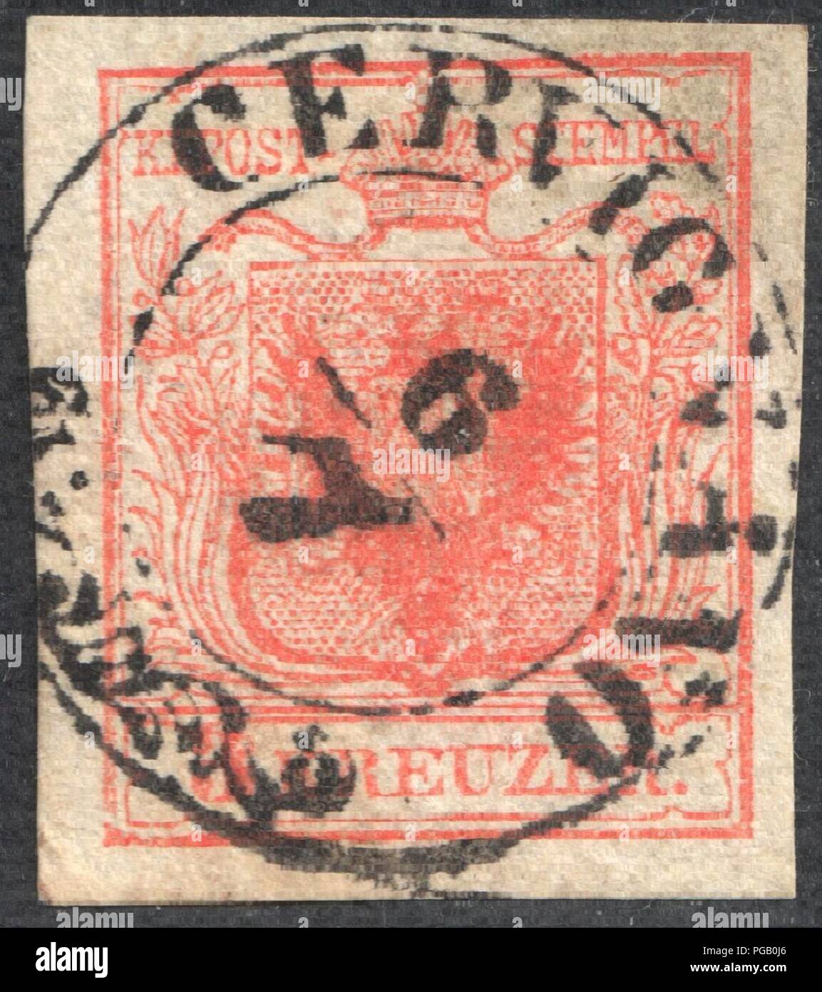 Austria 1850 3Kr Ib carta vergata CERVIGNANO. Foto Stock