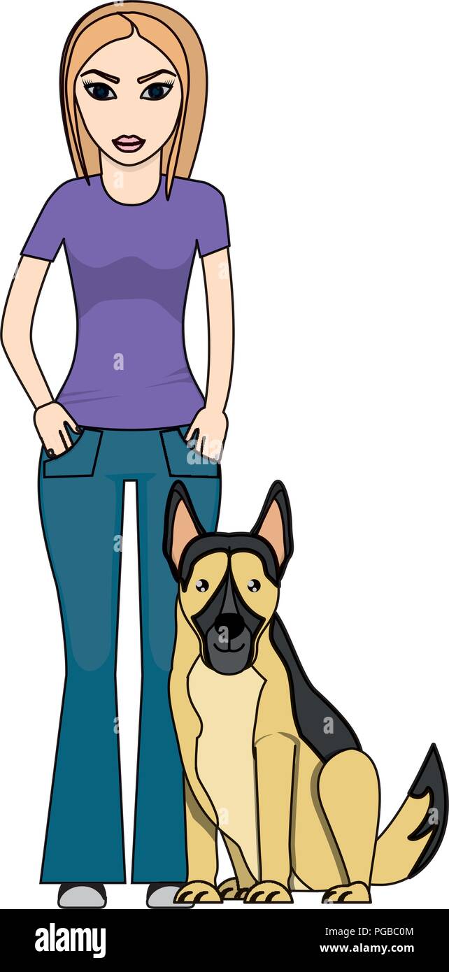 Carino il tedesco il cane pastore e la giovane donna che indossa abiti casual Illustrazione Vettoriale