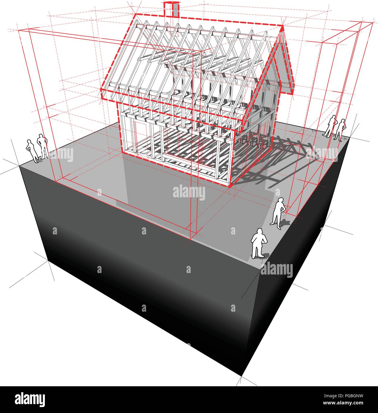 Schema di un quadro la costruzione di una casa unifamiliare con 3D dimensioni Illustrazione Vettoriale