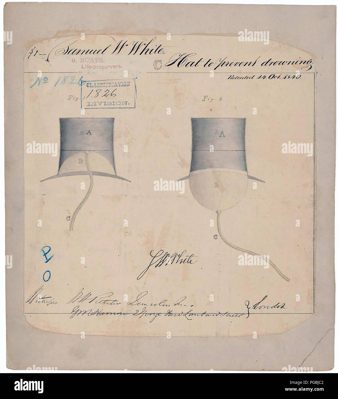Samuel W. Bianco - Hat per prevenire l'annegamento brevettato, 14 ott. 1840 Foto Stock