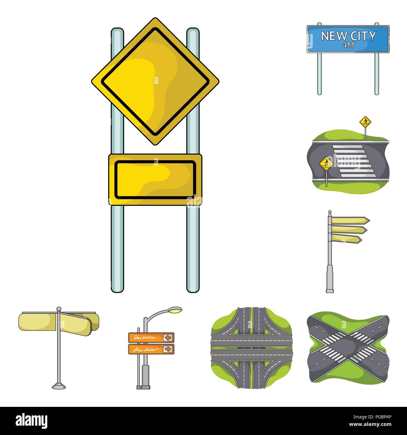 Incroci stradali e segni e altre icone in stile cartoon.attraversamenti pedonali e segni icone nella raccolta di set. Illustrazione Vettoriale