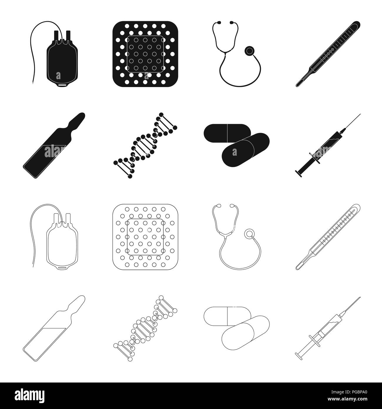 Il DNA umano e altre apparecchiature.Medicina set di icone di raccolta in nero,Outline stile simbolo vettore illustrazione stock . Illustrazione Vettoriale