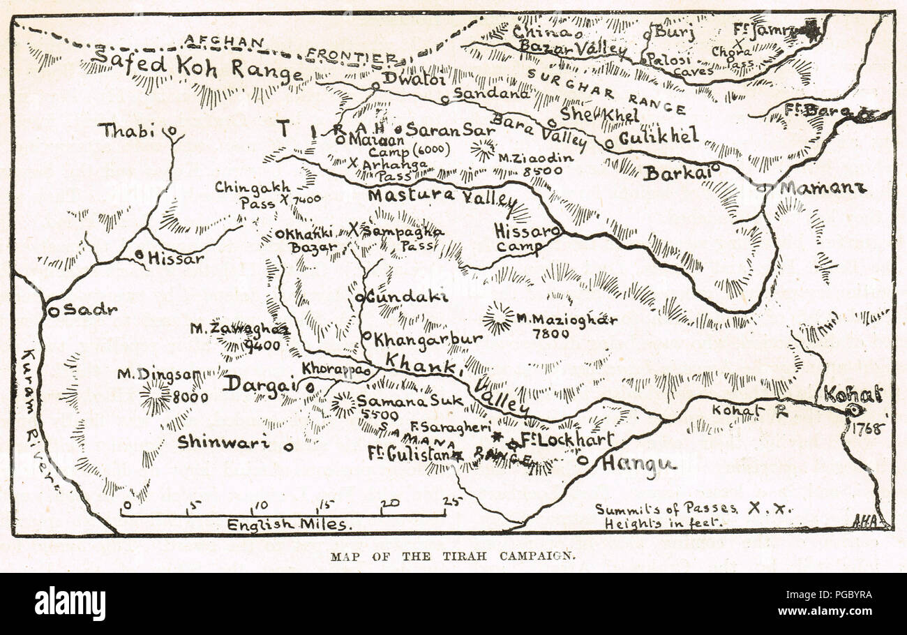 Mappa della Campagna Tirah, noto anche come la spedizione Tirah, un Indiano guerra di frontiera nel 1897-1898 Foto Stock