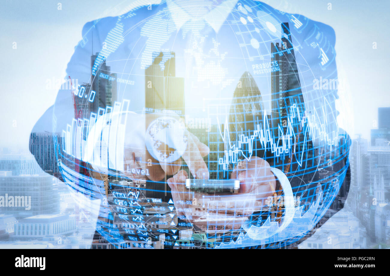 Intelligence (BI) e analisi di business (BA) con gli indicatori di prestazioni chiave (KPI) cruscotto in VR globe forma concetto.doppia esposizione di successo busi Foto Stock