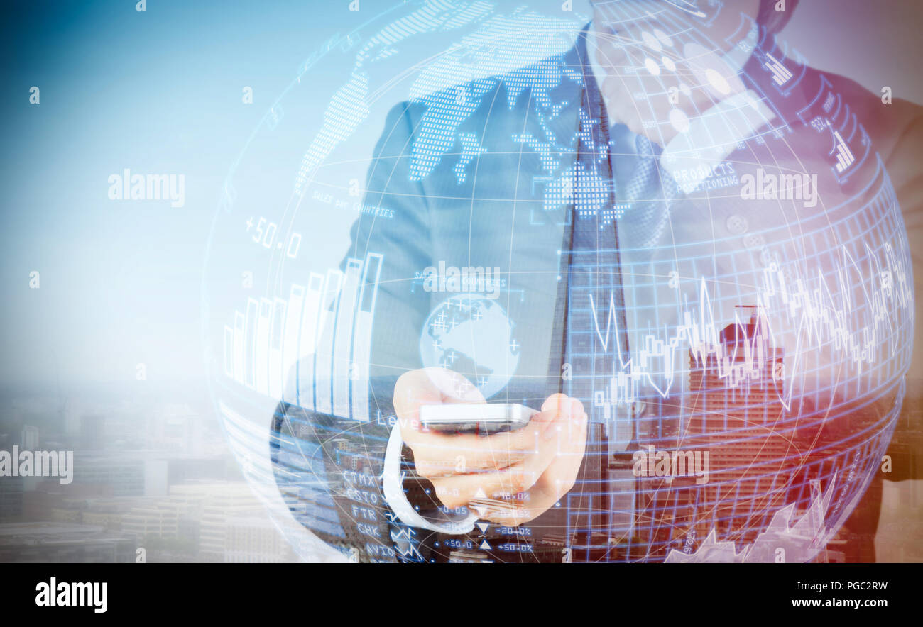 Intelligence (BI) e analisi di business (BA) con gli indicatori di prestazioni chiave (KPI) cruscotto in VR globe forma concetto.doppia esposizione di successo busi Foto Stock