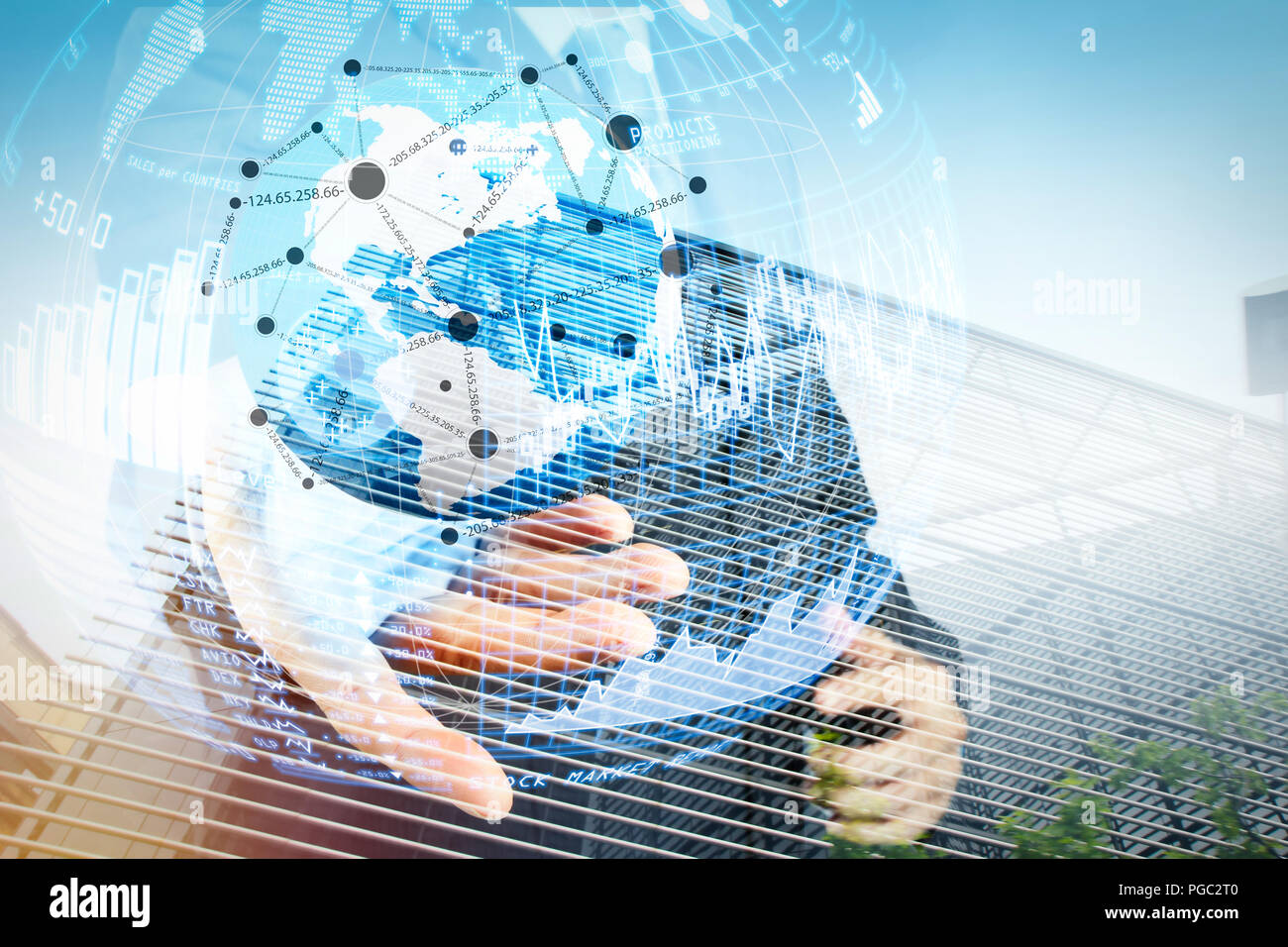 Intelligence (BI) e analisi di business (BA) con gli indicatori di prestazioni chiave (KPI) cruscotto in VR globe forma concetto.doppia esposizione di imprenditore Foto Stock