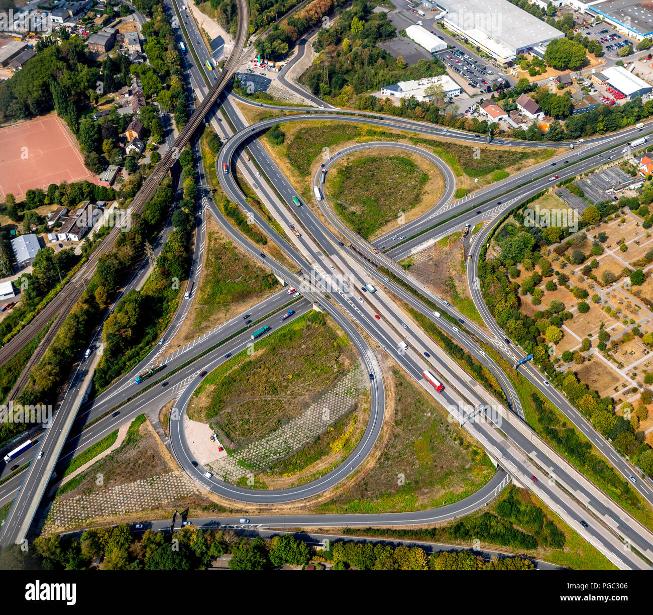 Interscambio autostradale Herne, AK Herne, Cross Herne, autostrada A43, A42, i lavori di costruzione nel Autobahn croce, Baukau, Herne, la zona della Ruhr, Nordrhein-Wes Foto Stock