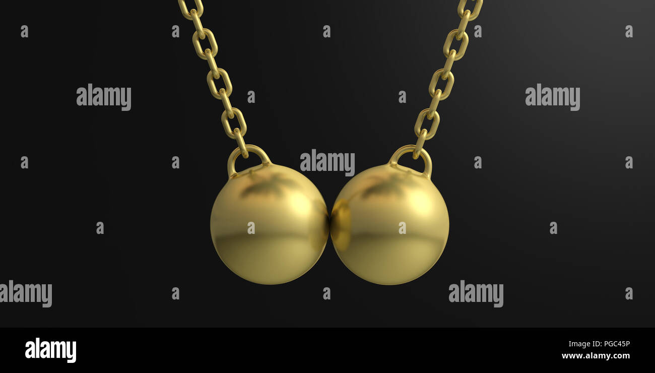 Due golden wrecking balls oscillare su sfondo nero. 3d illustrazione Foto Stock