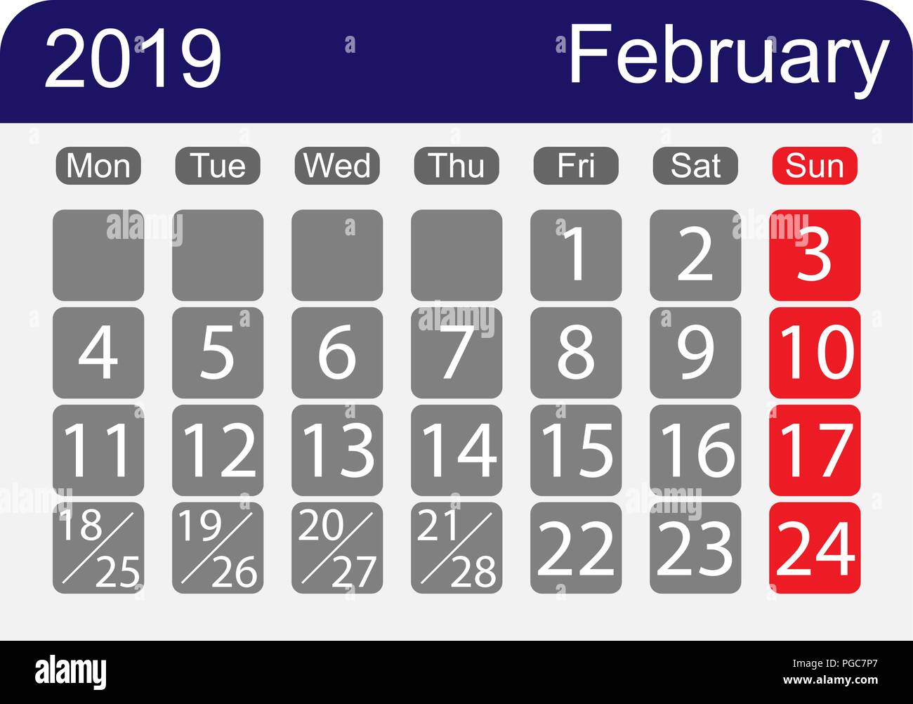 Foglio di calendario 2019 per il mese di febbraio, una settimana con un giorno di pausa Illustrazione Vettoriale