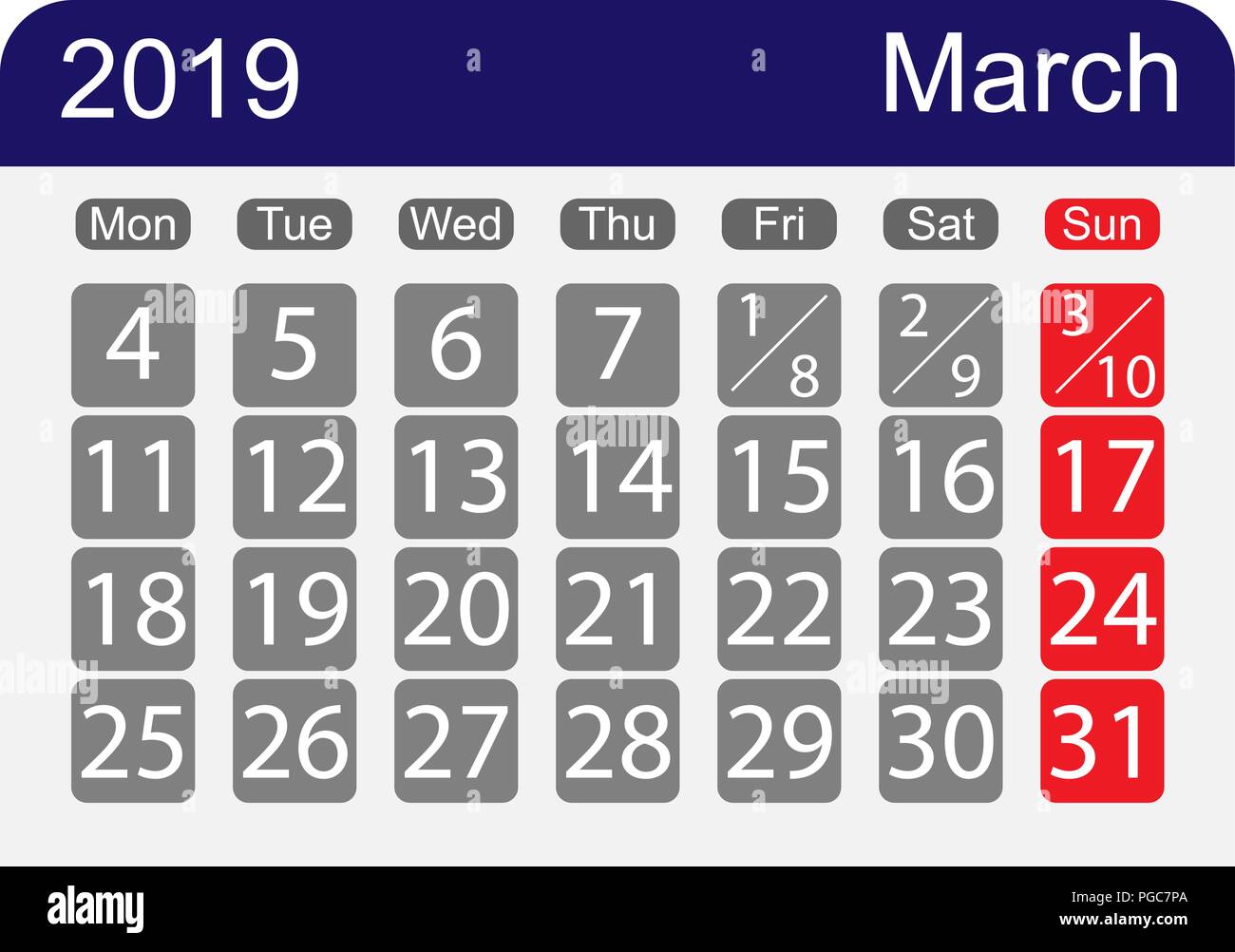 Foglio di calendario 2019 per il mese di marzo una settimana con un giorno di pausa Illustrazione Vettoriale