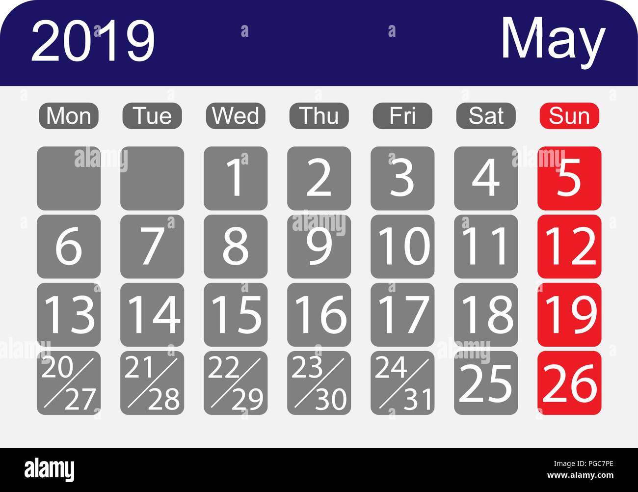 Foglio di calendario 2019 per il mese di maggio una settimana con un giorno di pausa Illustrazione Vettoriale