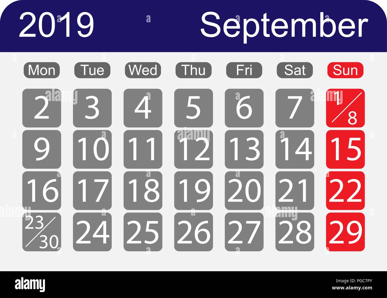 Foglio di calendario 2019 per il mese di settembre una settimana con un giorno di pausa Illustrazione Vettoriale