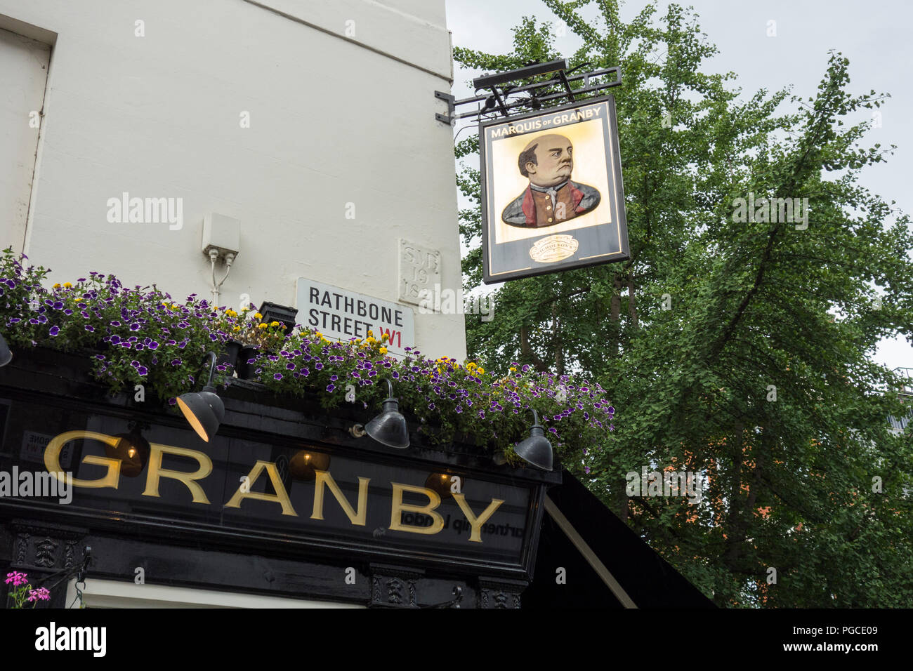 Il marchese di Granby pub segno su Rathbone Street, London, W1, Regno Unito Foto Stock
