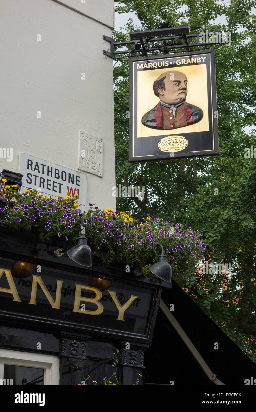 Il marchese di Granby pub segno su Rathbone Street, London, W1, Regno Unito Foto Stock
