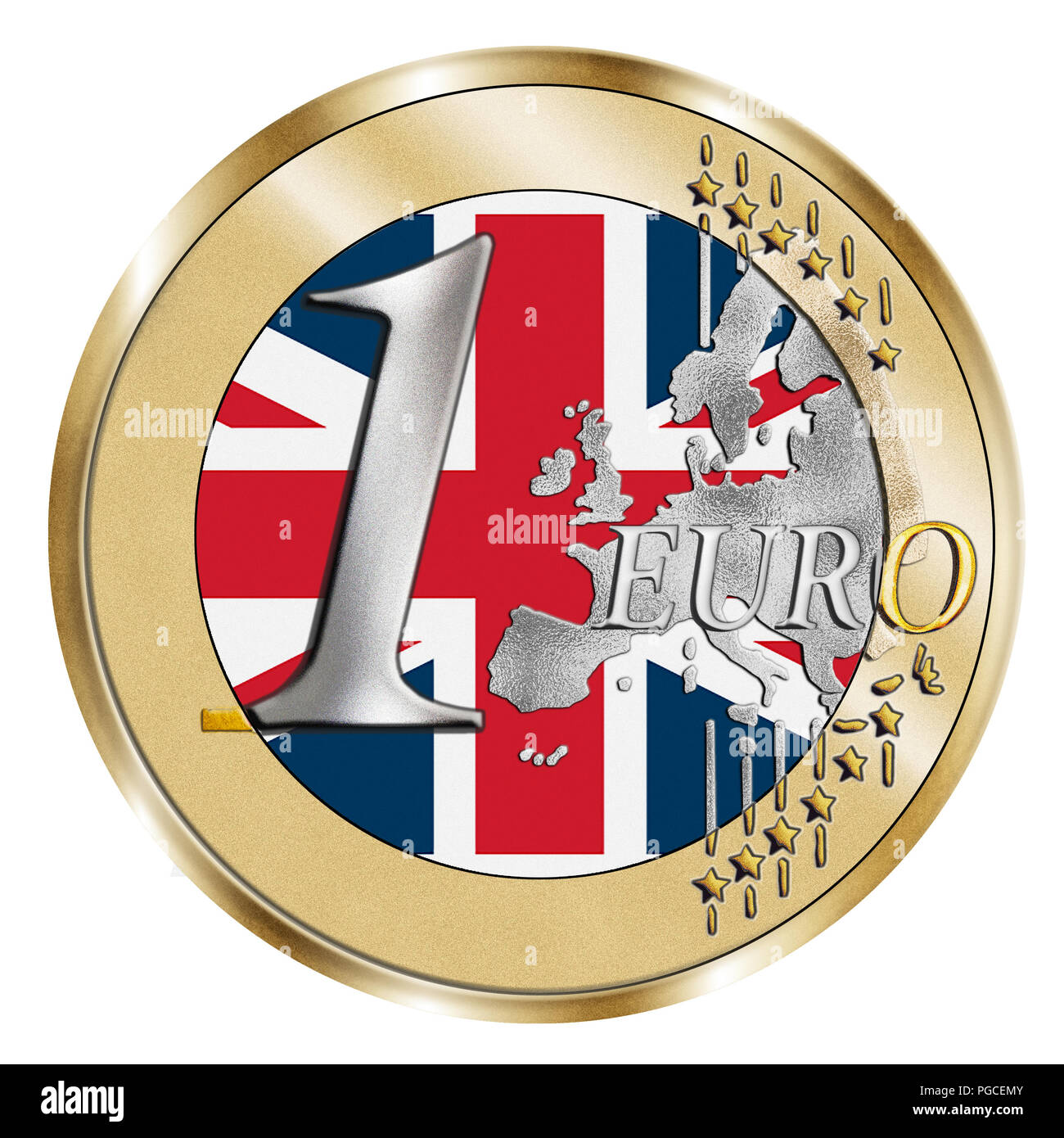 Un montaggio di stilizzazione di una 1 Euro monete e il Regno Unito bandiera nazionale. Un composito di Photoshop con grano intarsiato sottolinea la vivida argento e oro effetto . Foto Stock