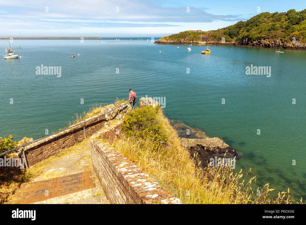 Wales coast Path Fishguard paesaggio litorale su un equo giorno di estate Viaggi natura Regno Unito Foto Stock