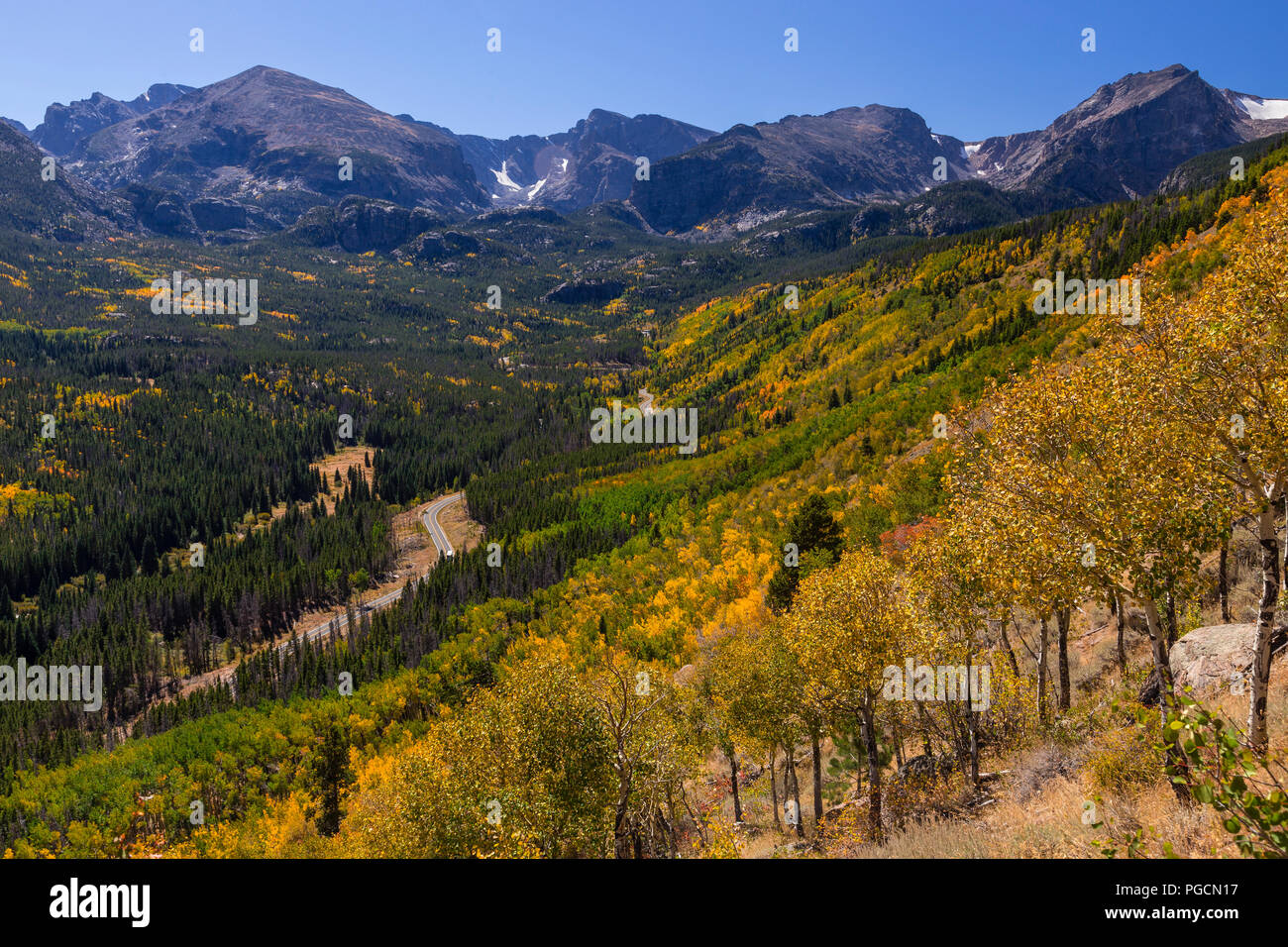 Aspen alberi in autunno di colori a Bierstadt lago nel Parco Nazionale delle Montagne Rocciose, Colorado, STATI UNITI D'AMERICA Foto Stock