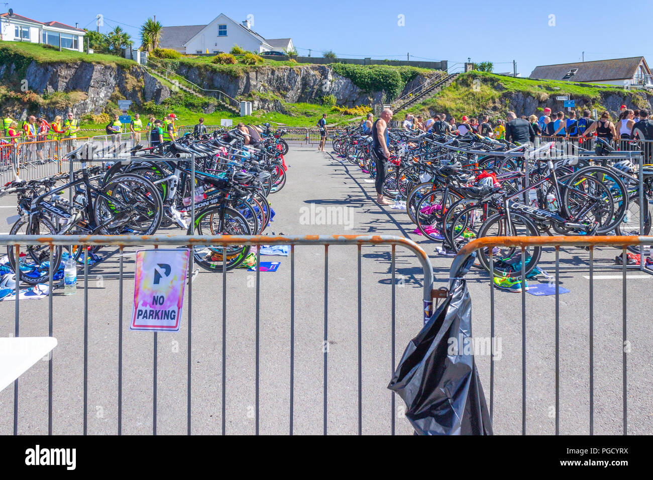 Area di transizione per un triathlon, West Cork, Irlanda. Foto Stock