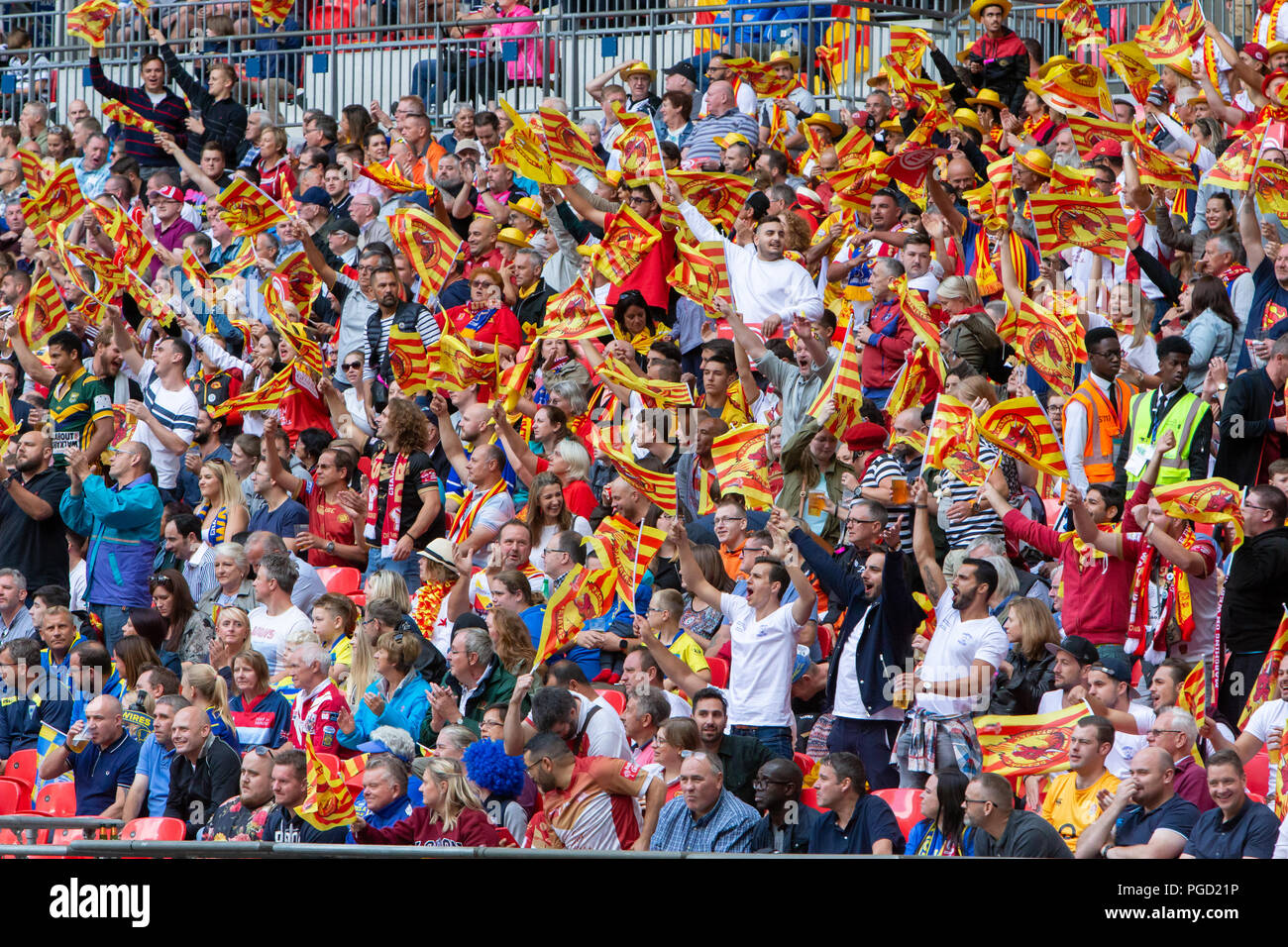 Lo stadio di Wembley, Londra, Regno Unito. Sabato 25 Agosto 2018 - Il 117stadiazione della Ladbrokes Challenge Cup Rugby League finale allo stadio di Wembley tra Warrington Lupi (Filo) e catalano draghi. Entrambe le squadre giocano in Super League Credito: John Hopkins/Alamy Live News Foto Stock