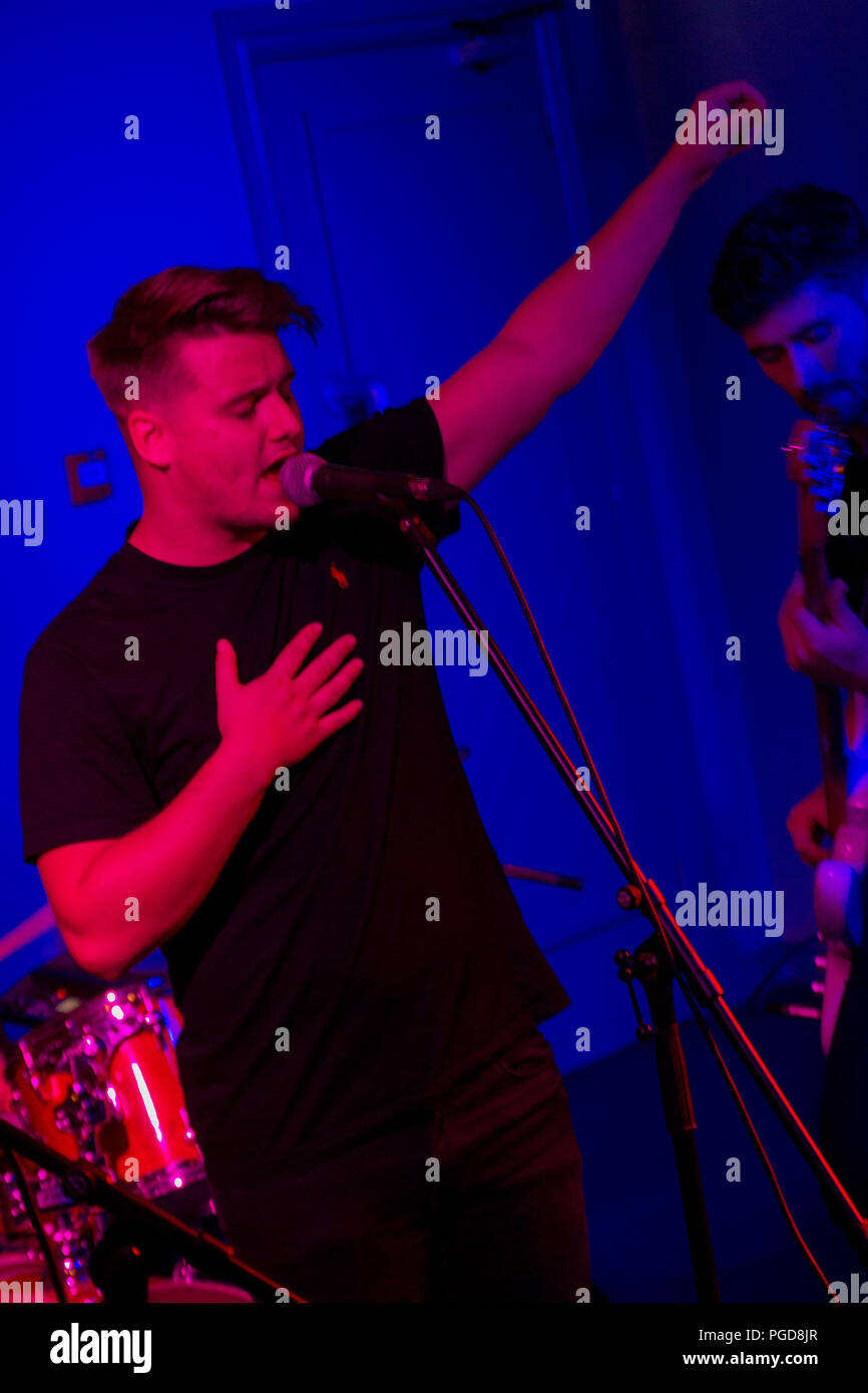 Gareth Barrow, cantante della band Lavengro effettuando in corrispondenza di Derryâ€™s centro nervoso, Irlanda del Nord. Foto Stock