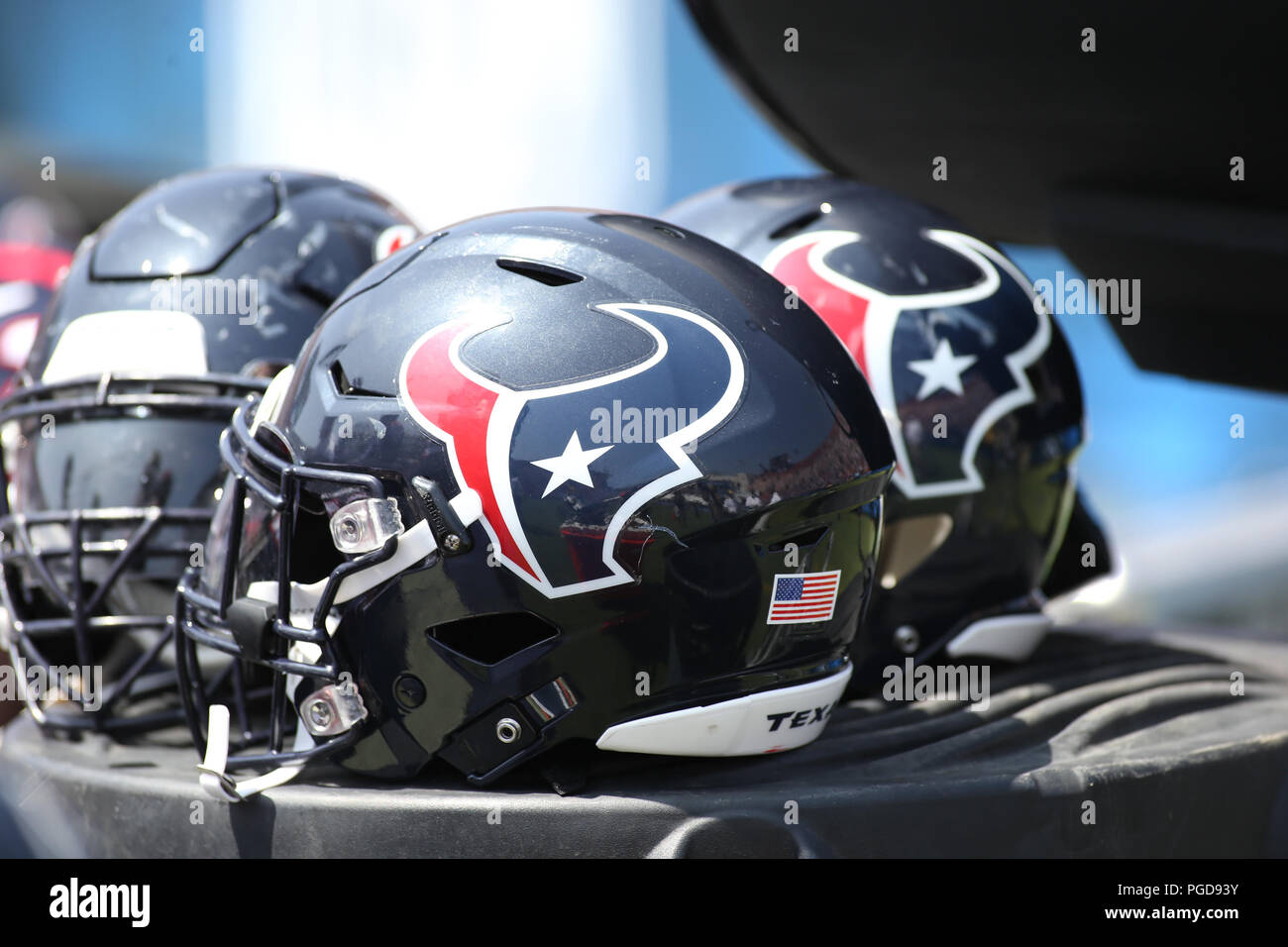 Agosto 25, 2018 a Los Angeles, CA.Houston Texans caschi durante la NFL Houston Texans vs Los Angeles Rams presso il Los Angeles Memorial Coliseum di Los Angeles, Ca il 25 agosto 2018. Jevone Moore Foto Stock