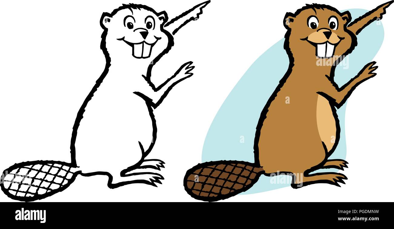 Un cartone animato di un castoro puntando verso qualcosa di interessante. Illustrazione Vettoriale