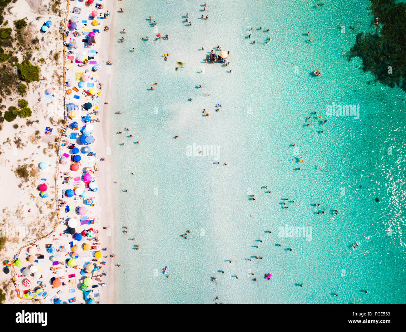 Vista aerea di una spiaggia bianca piena di ombrelloni colorati e gente  rilassata nuotare in un mare limpido. Cala Brandinchi, Sardegna, Italia  Foto stock - Alamy