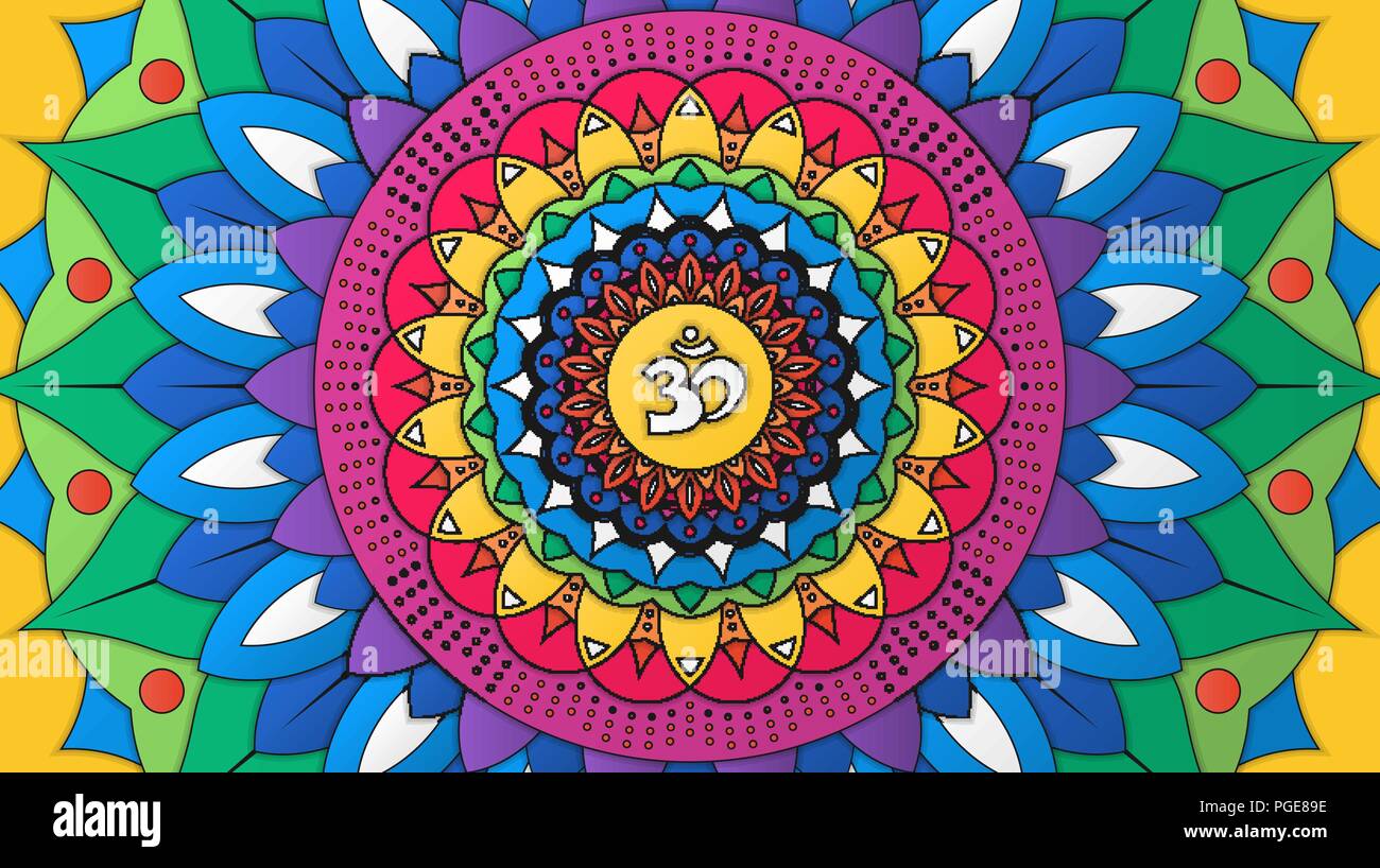 Colorato lo yoga e la meditazione sullo sfondo. Illustrazione Vettoriale di indiani decorativo ornamento rotondo con Om simbolo per il tuo design Illustrazione Vettoriale