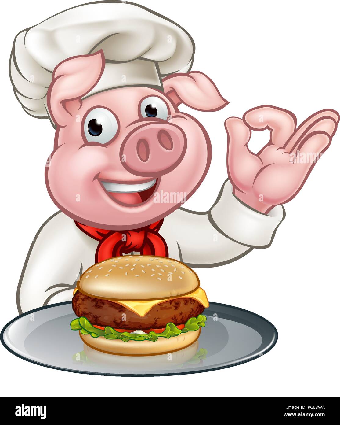 Chef di maiale Holding Burger personaggio dei fumetti Illustrazione Vettoriale