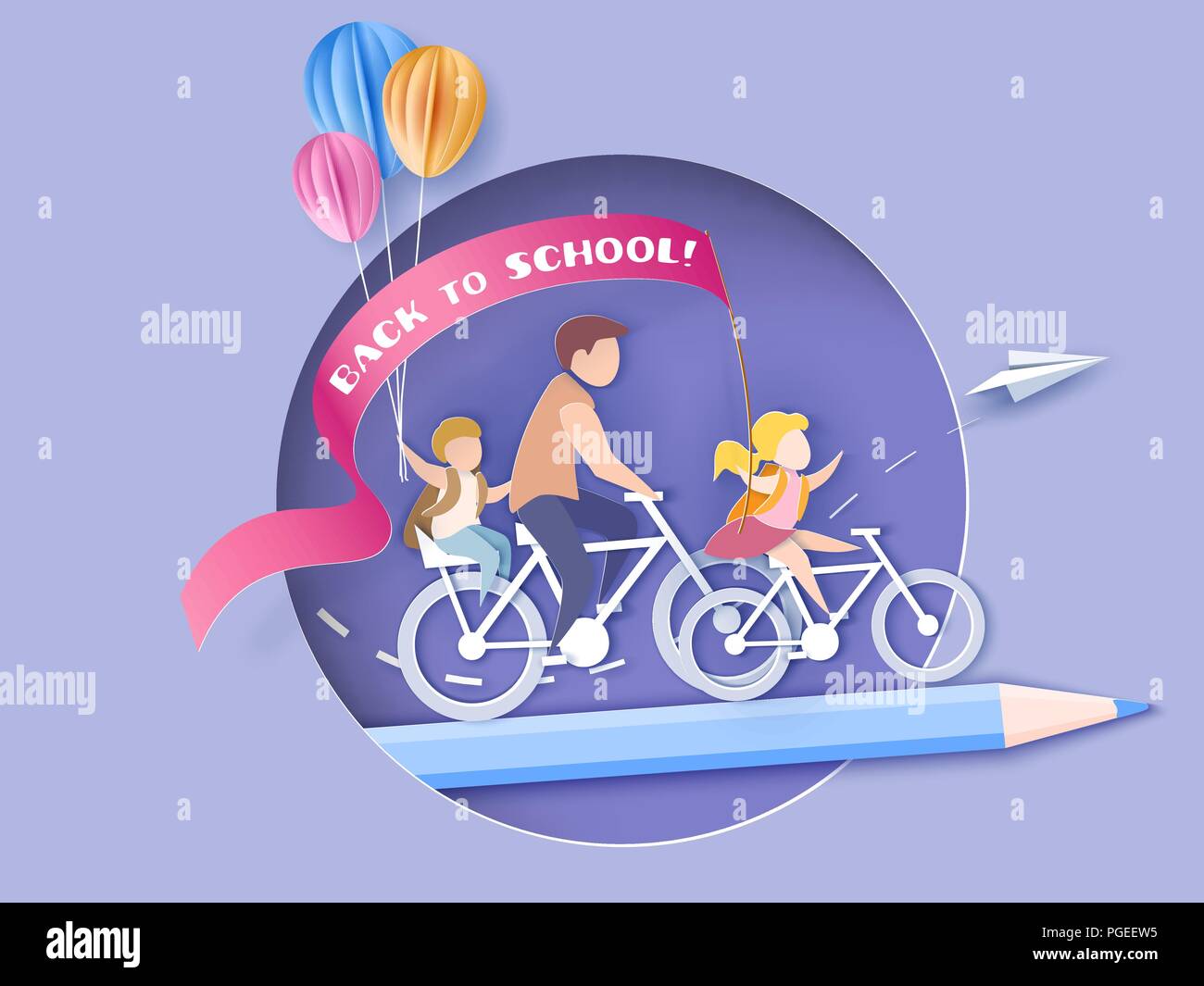 Si torna a scuola 1 settembre il card. I bambini in bicicletta con palloncini di aria nel foro rotondo. Carta tagliata stile. Illustrazione Vettoriale Illustrazione Vettoriale