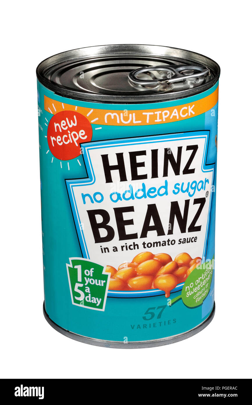 Una lattina di Heinz senza zuccheri aggiunti beanz fagioli isolato su uno sfondo bianco Foto Stock