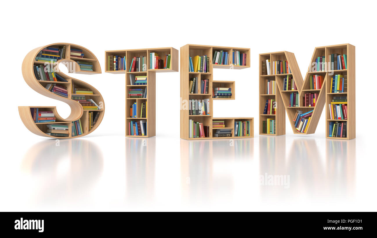 Stelo il concetto di istruzione. Bookshelvs con libri in forma di stelo di testo. La scienza, la tecnologia, ingegneria matematica dell'istruzione. 3d illustrazione Foto Stock