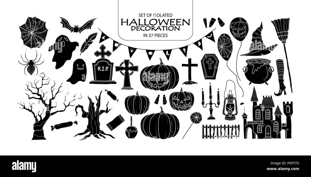 Set di silhouette isolato Decorazione Halloween in 37 pezzi. Carino disegnato a mano haunted tema illustrazione vettoriale nel profilo bianco e nero piano su wh Illustrazione Vettoriale
