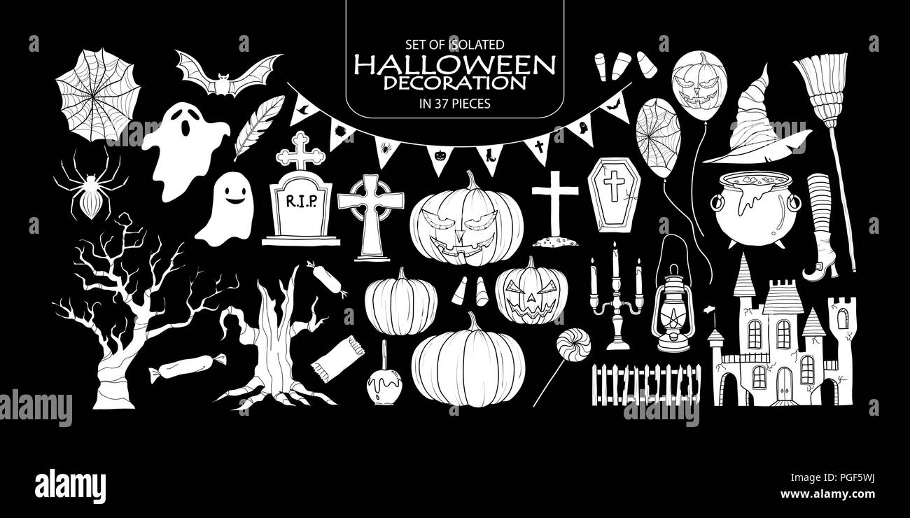 Set di isolato silhouette bianca Decorazione Halloween in 37 pezzi. Carino disegnato a mano haunted tema illustrazione vettoriale nel piano bianco senza contorno o Illustrazione Vettoriale