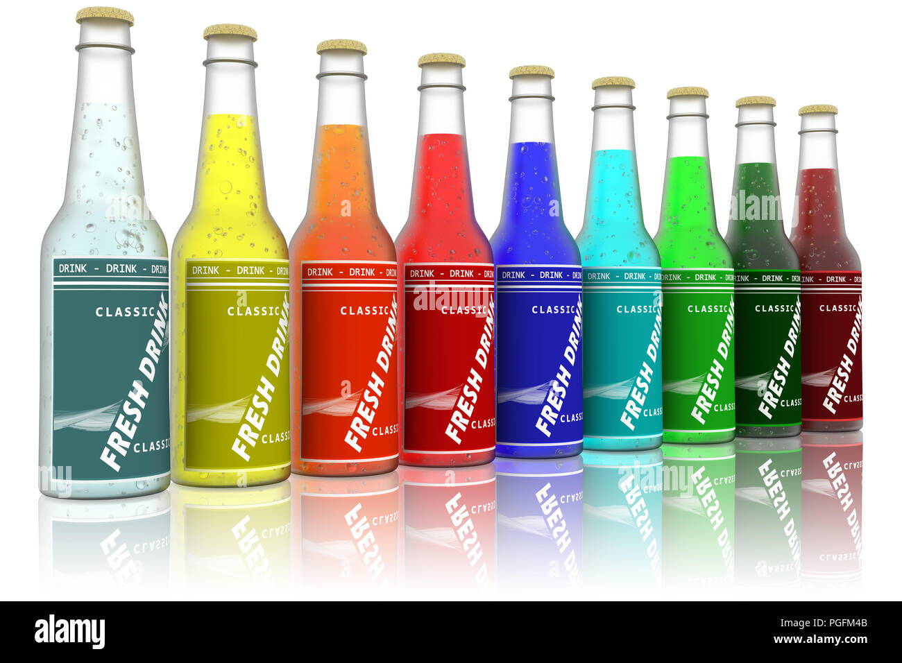 3D'illustrazione. Bottiglie colorate soft drinks su sfondo bianco Foto Stock