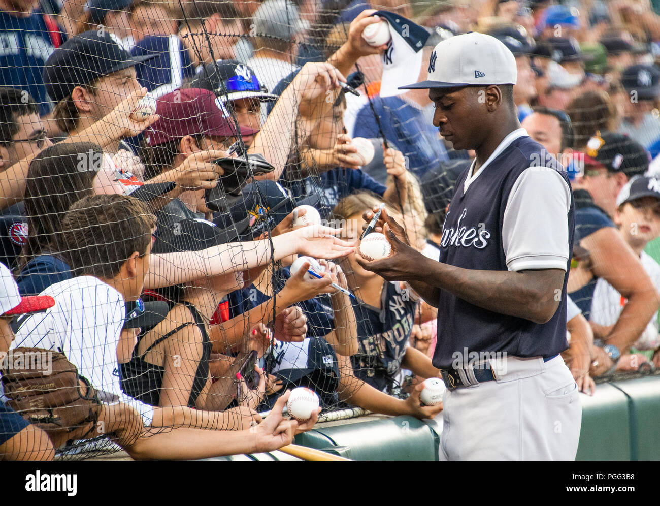 Baltimore, Stati Uniti d'America. 25 Ago, 2018. New York Yankees shorstop Didi Gregorius (18) segni autografi prima della partita contro i Baltimore Orioles a Rigogolo Park a Camden Yards a Baltimora, MD su Sabato, Agosto 25, 2018. Questo è il regolarmente programmati per la partita di oggi. Credito: Ron Sachs/CNP (restrizione: NO New York o New Jersey o giornali quotidiani nel raggio di 75 miglia da New York City) | utilizzo del credito in tutto il mondo: dpa/Alamy Live News Foto Stock