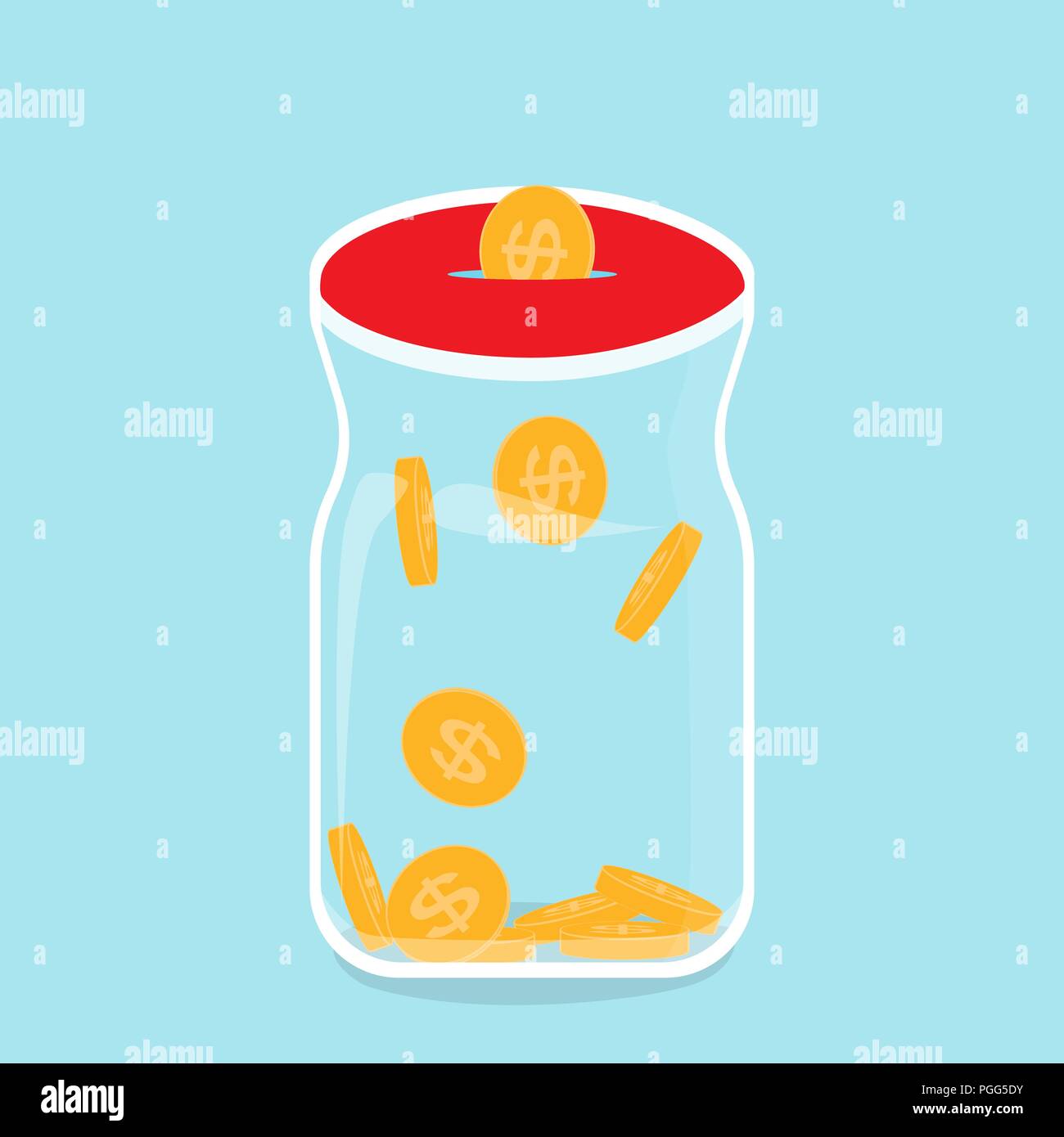 Banca di vetro con la caduta delle monete in oro - contributo al futuro. Illustrazione Vettoriale Illustrazione Vettoriale