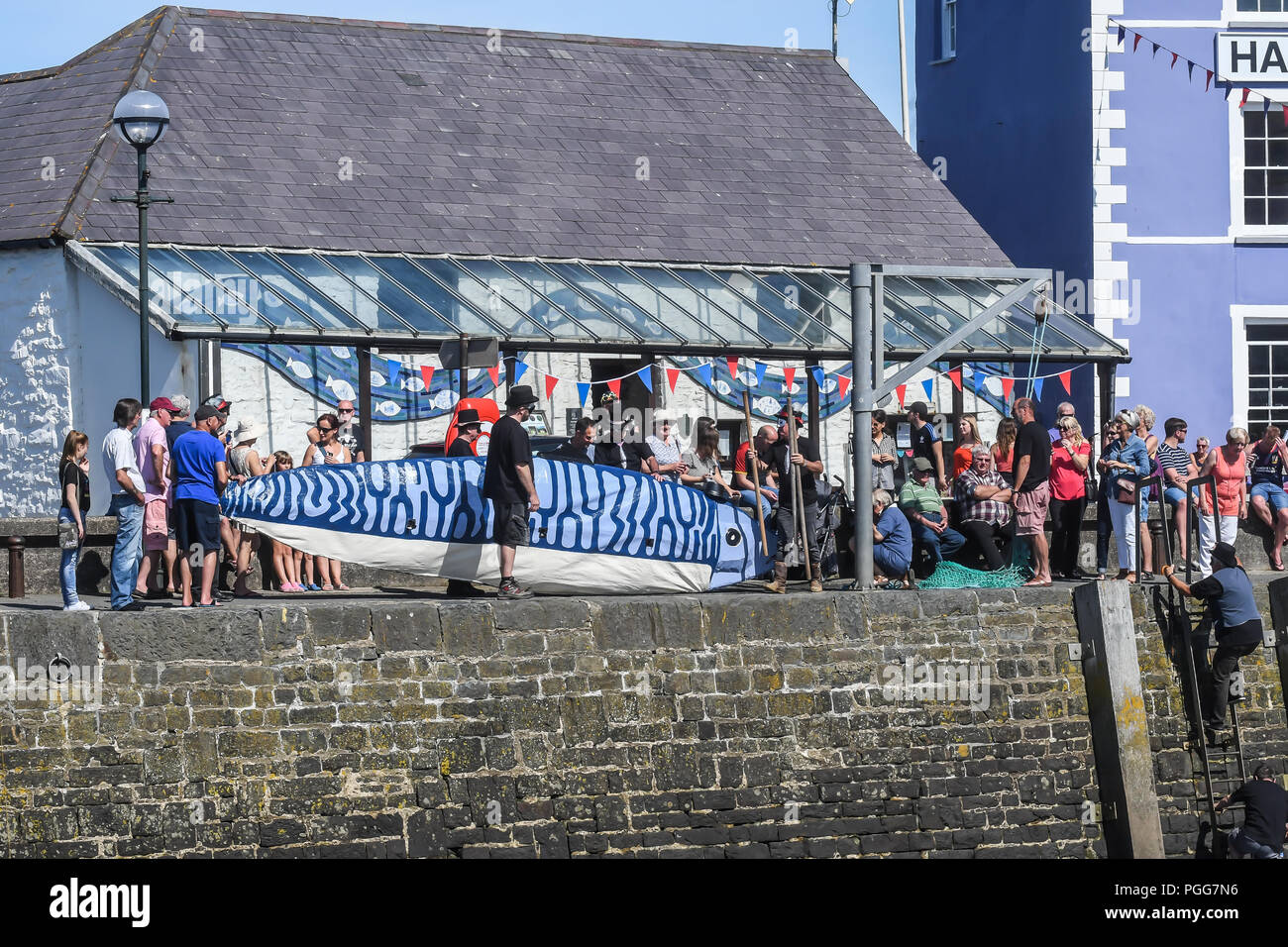 Aberaeron harbour West Wales UK bande e la sfilata di un corteo guidato da un 20-piede di pesce, la Fiesta vede la città di pescatori onore gli sgombri. Il porto, Aberaero Foto Stock