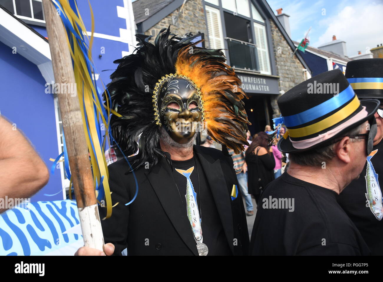 Aberaeron harbour West Wales UK bande e la sfilata di un corteo guidato da un 20-piede di pesce, la Fiesta vede la città di pescatori onore gli sgombri. Il porto, Aberaero Foto Stock