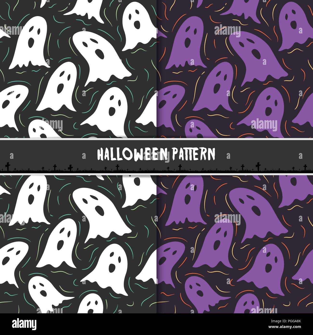 Halloween seamless pattern con Cartoon carino fantasmi. Design per lo sfondo, lo sfondo o il dono della carta da imballaggio. Illustrazione Vettoriale. Illustrazione Vettoriale