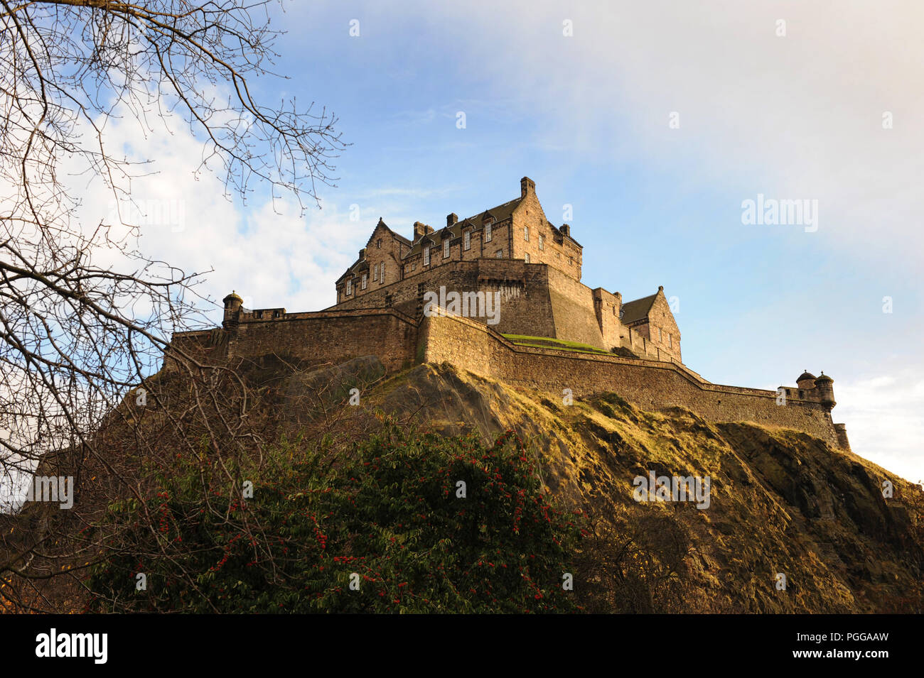 Il Castello di Edimburgo, in Scozia, si trova in alto su Castle Rock. Visto attraverso gli alberi sotto in una giornata limpida Foto Stock