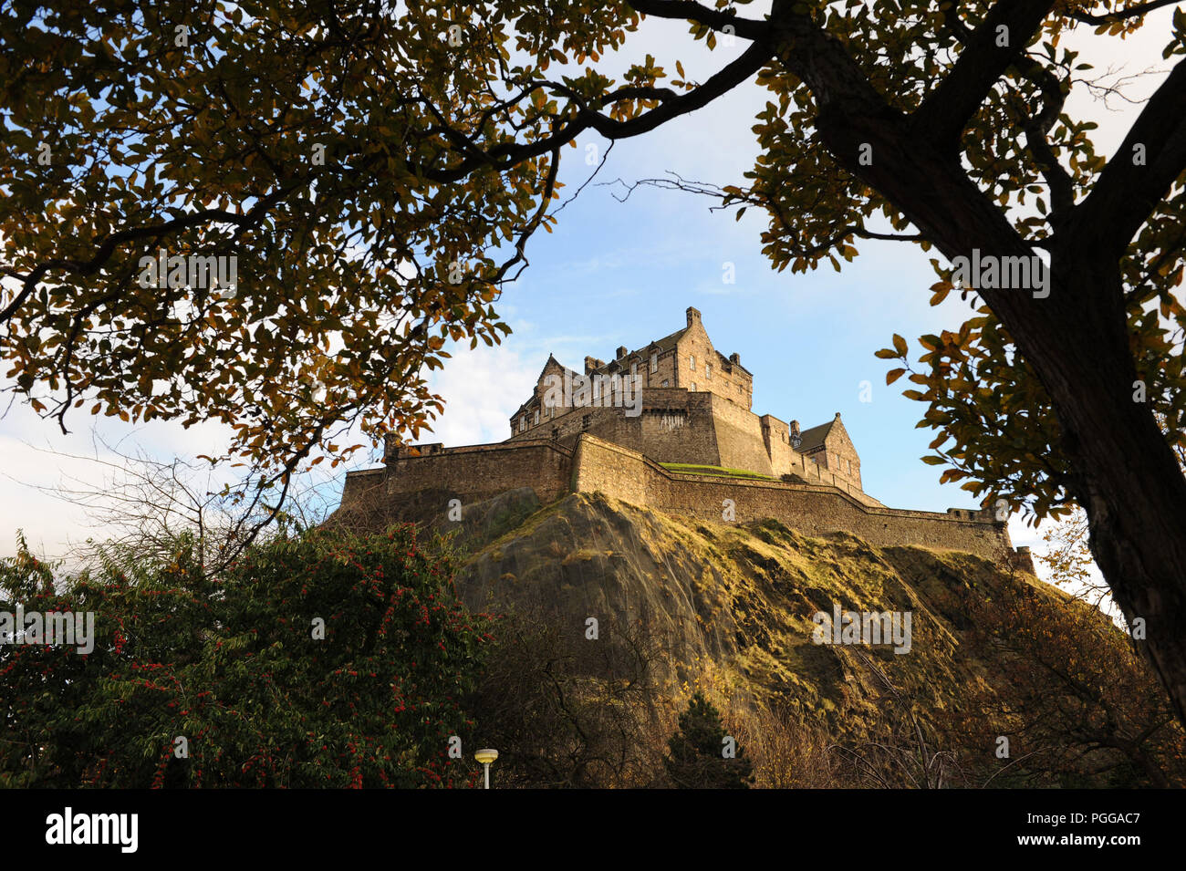 Il Castello di Edimburgo, in Scozia, si trova in alto su Castle Rock. Visto attraverso gli alberi sotto in una giornata limpida Foto Stock